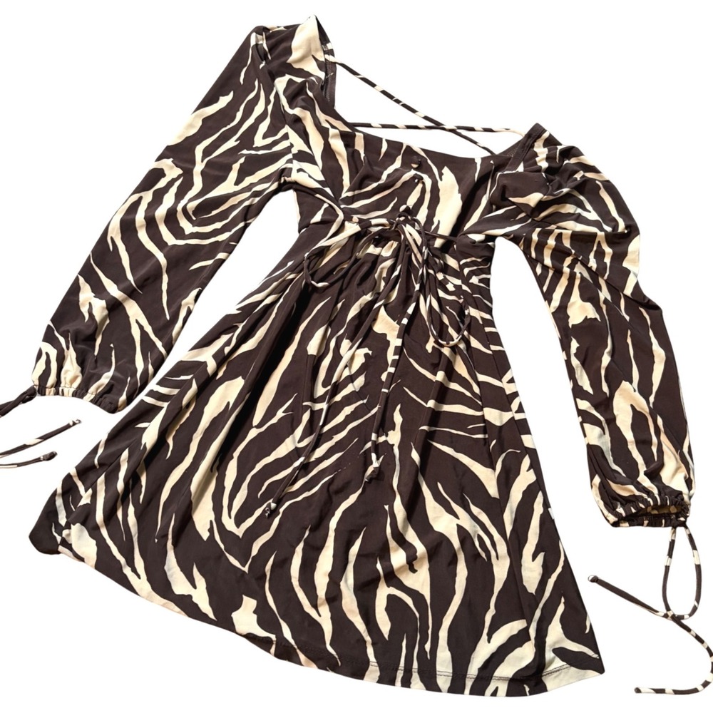 Y2K Babydoll Brown Zebra Print Long Sleeve Small 3/5